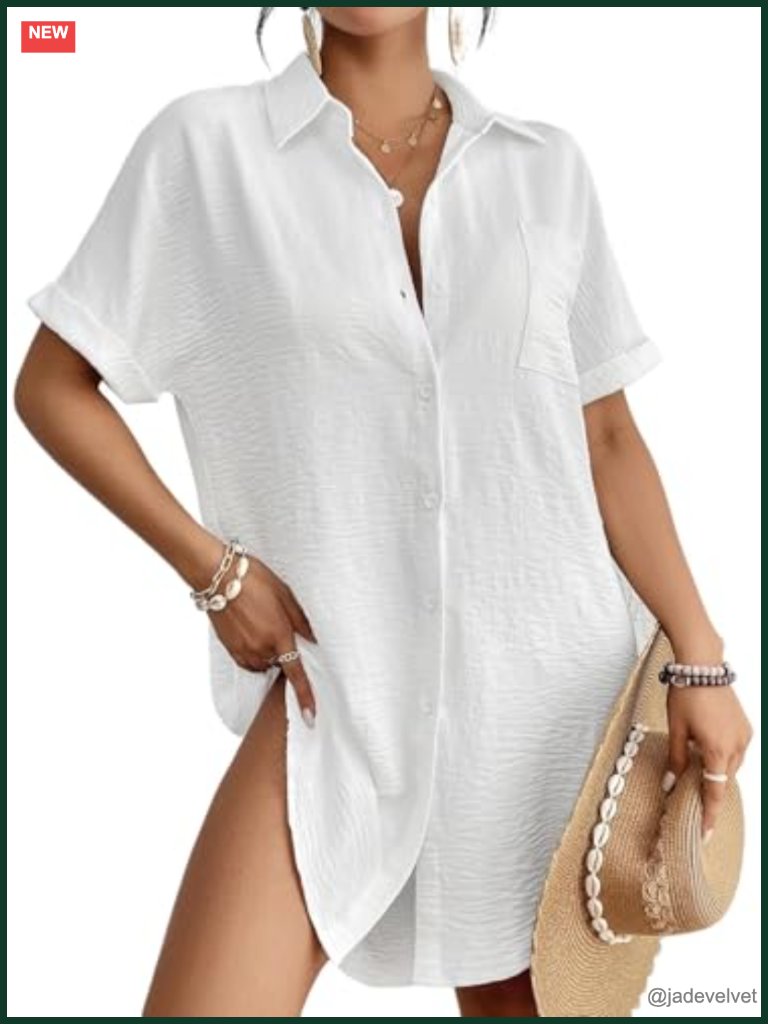 Button Down Swim Coverup Shirt Dress Beach Vacation Bathing Suit Cover Up
